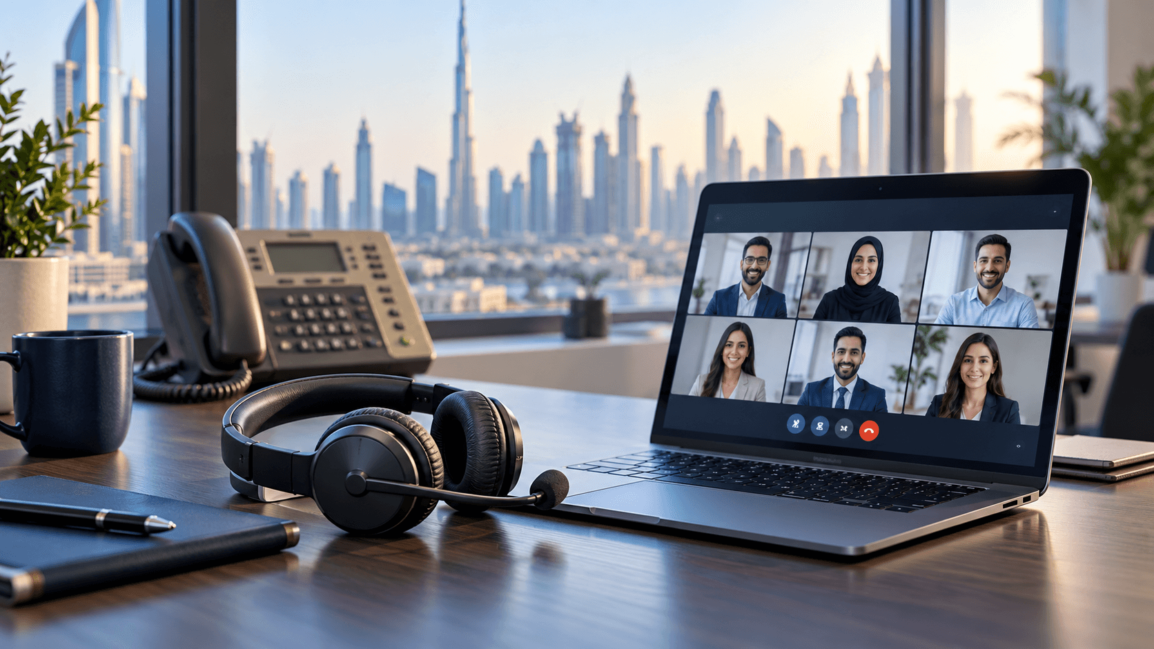 Business headset and video meeting laptop beside a traditional desk phone